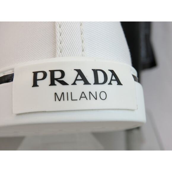 PRADA 1T618M WHITE BLACK POLKA CANVAS LOGO POINTY CAP HIGH TOP SNEAKERS 38 ITALY - Picture 8 of 15